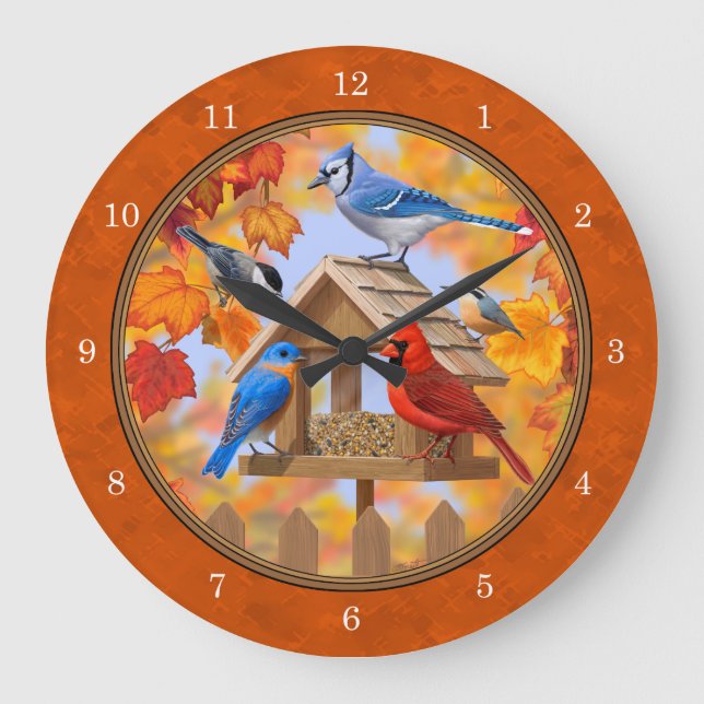 Bird Feeder Gathering Autumn Orange Large Clock (Front)