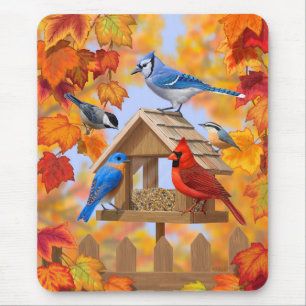 Bird Feeder Gathering Autumn Orange Mouse Pad