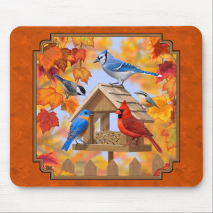 Bird Feeder Gathering Autumn Orange Mouse Pad