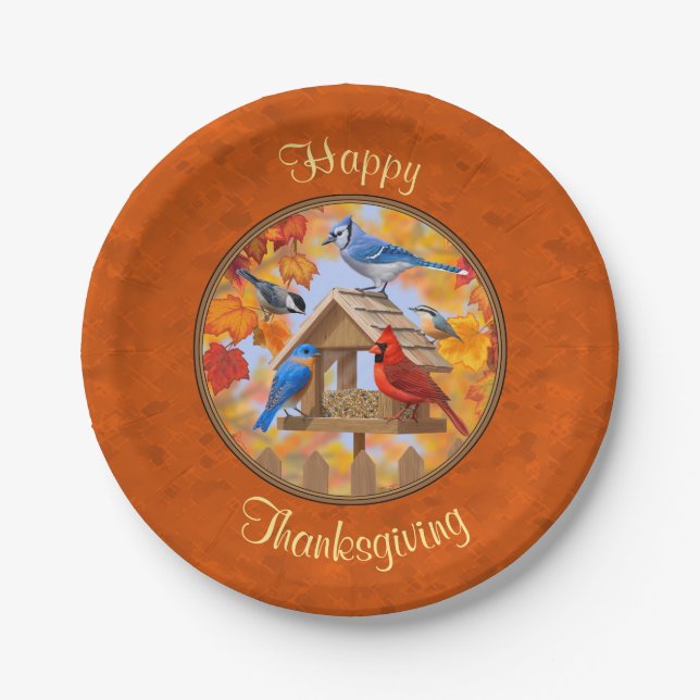 Bird Feeder Gathering Autumn Orange Paper Plate (Front)