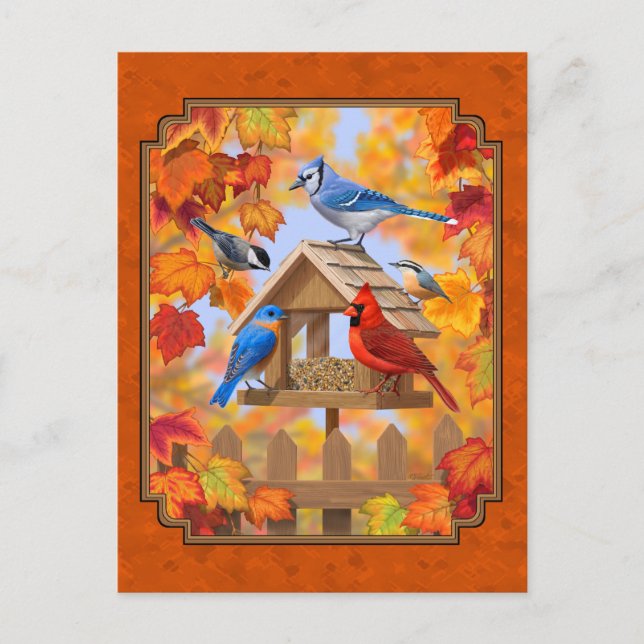 Bird Feeder Gathering Autumn Orange Postcard (Front)
