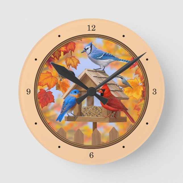 Bird Feeder Gathering Autumn Orange Round Clock (Front)