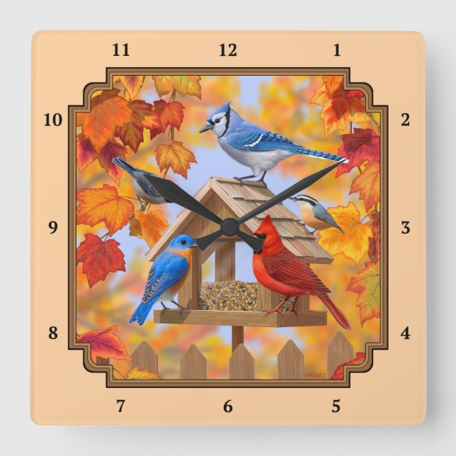 Bird Feeder Gathering Autumn Orange Square Wall Clock (Front)