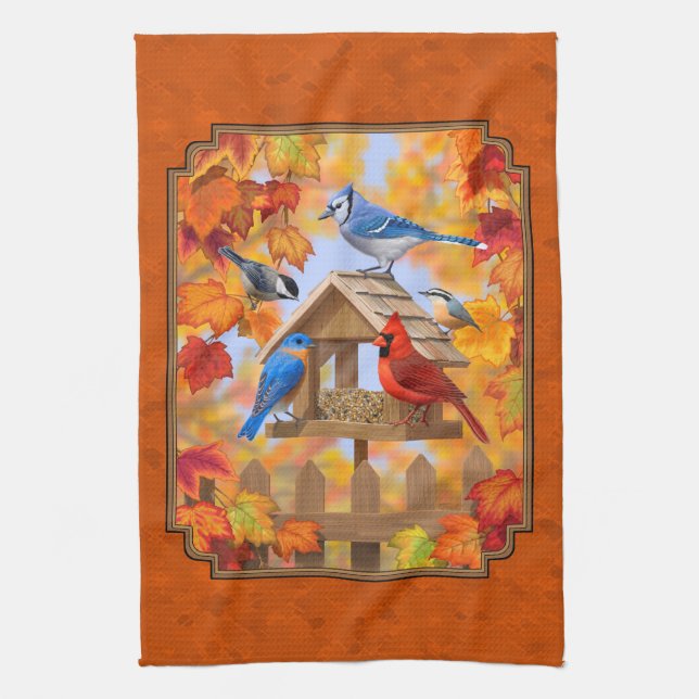 Bird Feeder Gathering Autumn Orange Tea Towel (Vertical)