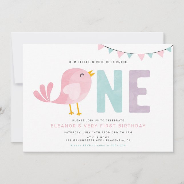 Bird First Birthday Girl Invite Little Birdie  (Front)