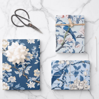 Bird Floral Chinoiserie Blue White Wrapping Paper Sheet