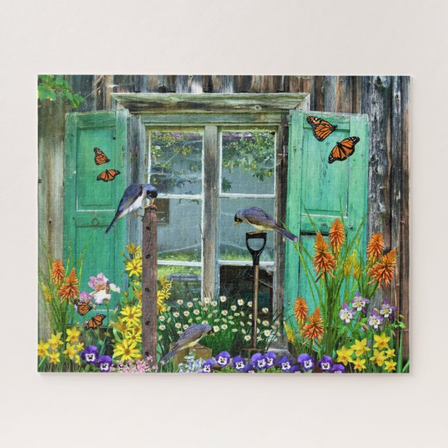 Bird Flower Garden Rustic Shed Jigsaw Puzzle (Horizontal)