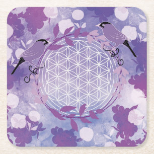 Bird, flower of life,flower, animal, purple,  square paper coaster