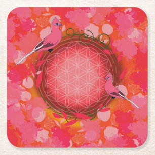 bird, flower of life,pink, flower, natural,sacred  square paper coaster