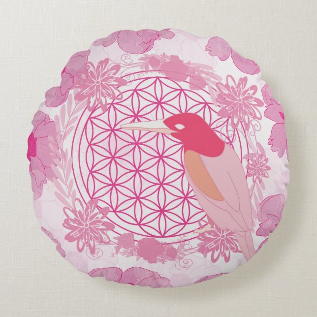 Bird flower of life round cushion (Front)
