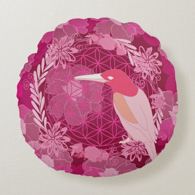 Bird flower of life round cushion (Front)