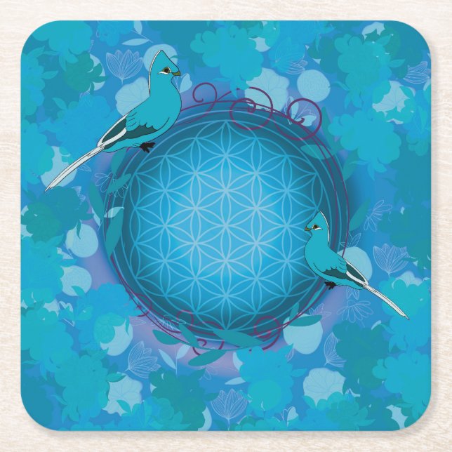 bird flower of life square paper coaster (Front)