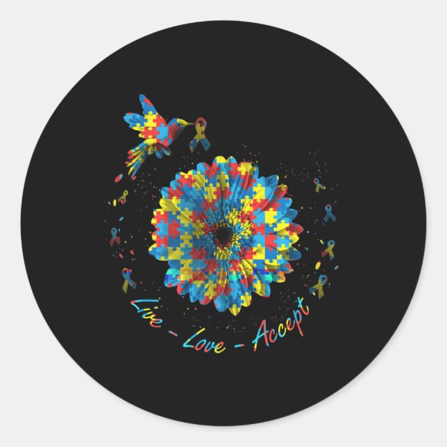 Bird Flower Ribbon Puzzle Live Love Accept Autism  Classic Round Sticker (Front)