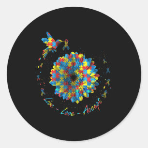 Bird Flower Ribbon Puzzle Live Love Accept Autism  Classic Round Sticker