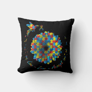 Bird Flower Ribbon Puzzle Live Love Accept Autism Cushion