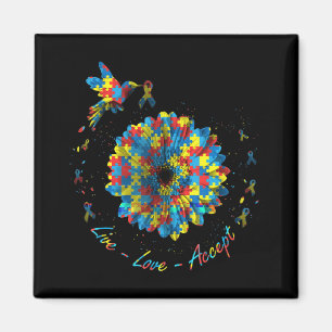 Bird Flower Ribbon Puzzle Live Love Accept Autism Magnet