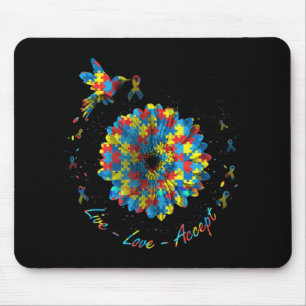 Bird Flower Ribbon Puzzle Live Love Accept Autism Mouse Pad
