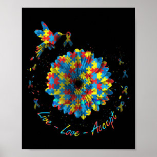 Bird Flower Ribbon Puzzle Live Love Accept Autism  Poster