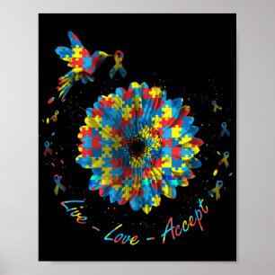 Bird Flower Ribbon Puzzle Live Love Accept Autism  Poster