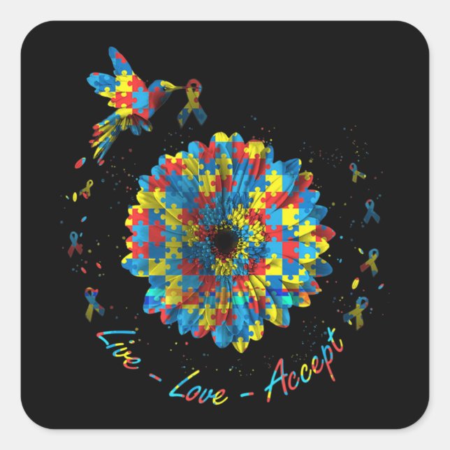 Bird Flower Ribbon Puzzle Live Love Accept Autism  Square Sticker (Front)