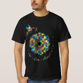 Bird Flower Ribbon Puzzle Live Love Accept Autism  T-Shirt