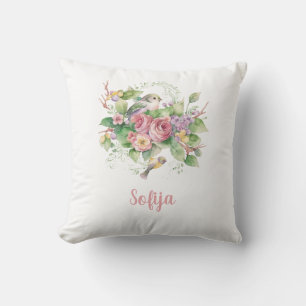 Bird Flower Rose Watercolor Cushion