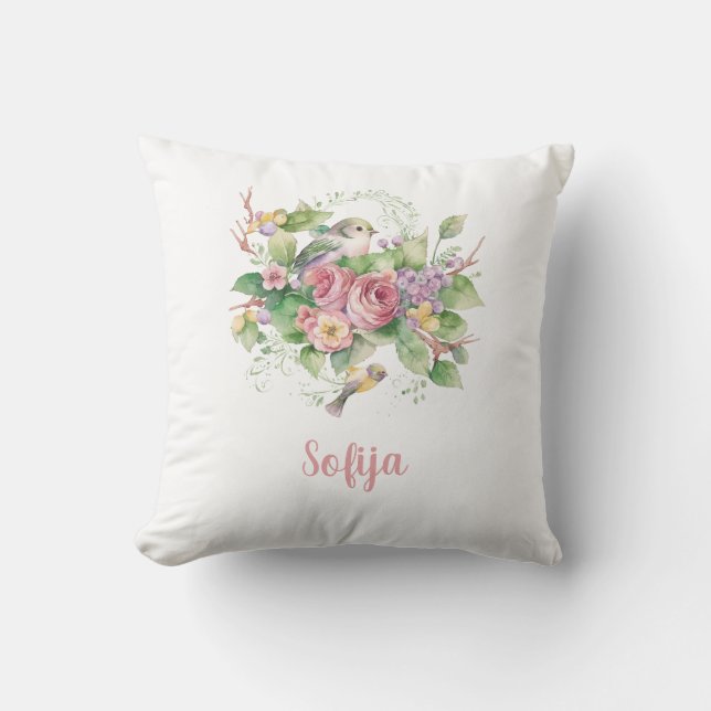 Bird Flower Rose Watercolor Cushion (Front)