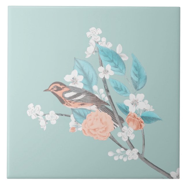 Bird & Flowers Ceramic Tile (Front)