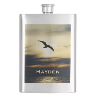 Bird Flying Silhouette Sunset Personalised Hip Flask
