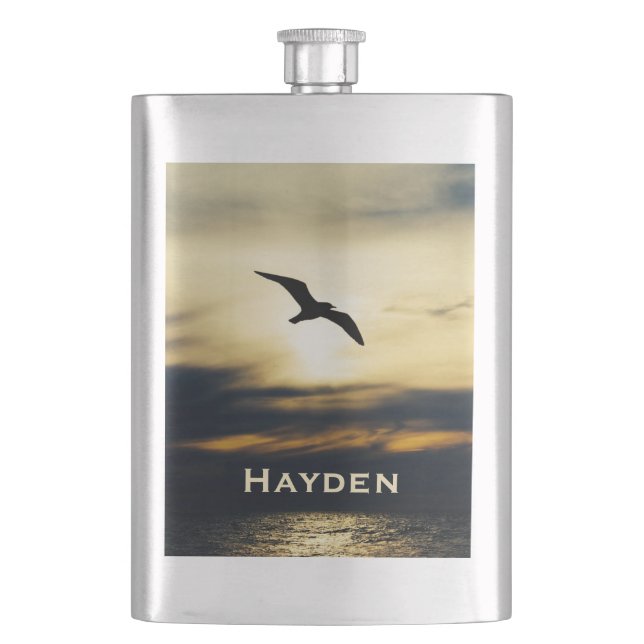 Bird Flying Silhouette Sunset Personalised Hip Flask (Front)