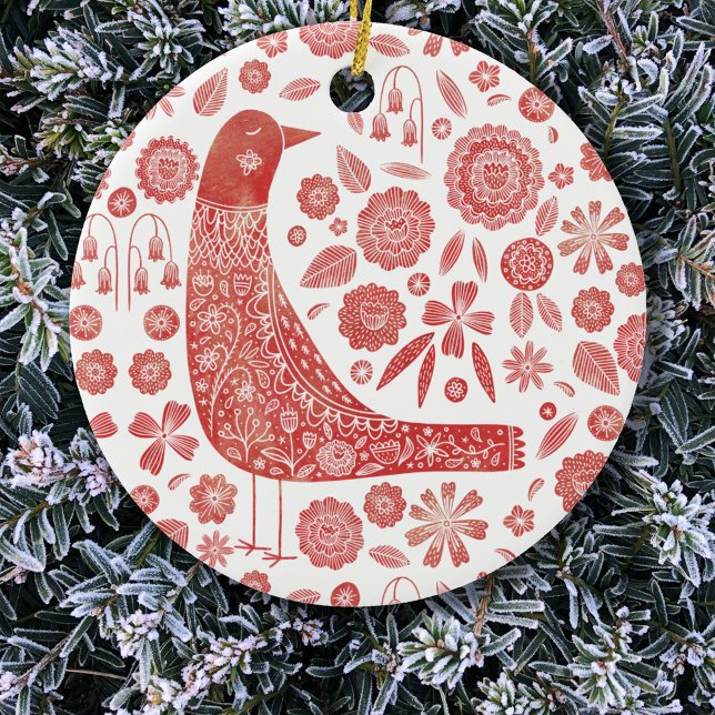 Bird Folk Art Ceramic Ornament (Nordic Scandinavian bird red and white Christmas ornament)