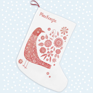 Bird Folk Art Personalised Small Christmas Stocking