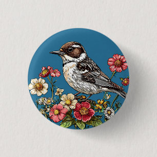 Bird Framed by Vibrant Flowers 3 Cm Round Badge