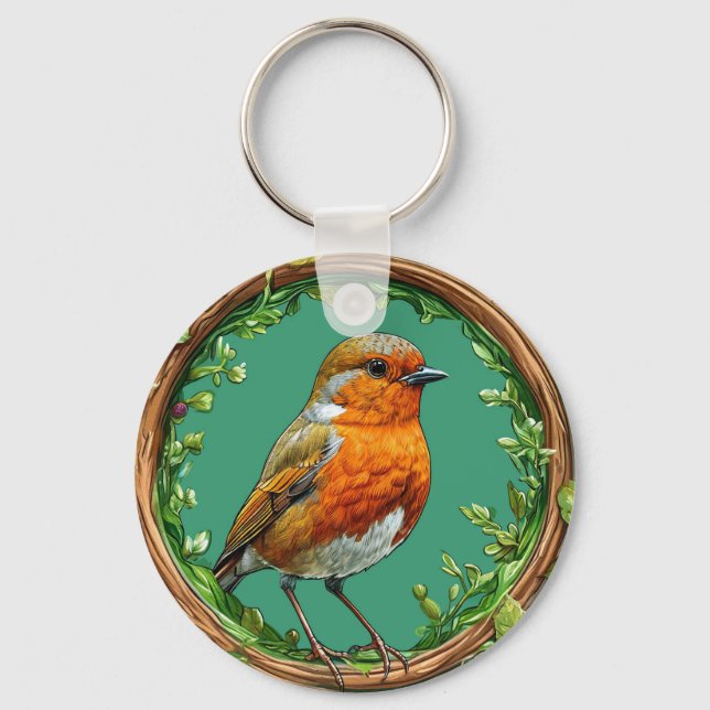 Bird Framed by Vibrant Flowers Key Ring (Front)
