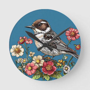 Bird Framed by Vibrant Flowers Round Clock