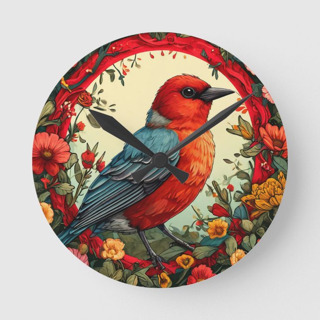 Bird Framed by Vibrant Flowers Round Clock (Front)