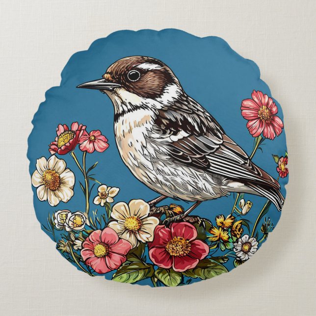 Bird Framed by Vibrant Flowers Round Cushion (Front)
