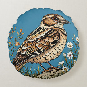 Bird Framed by Vibrant Flowers Round Cushion