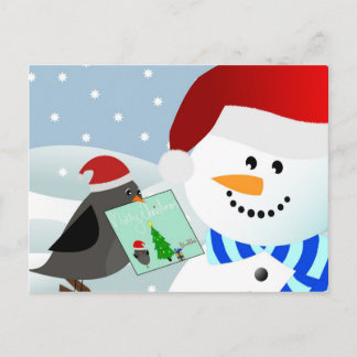 Bird giving christmas card to snowman