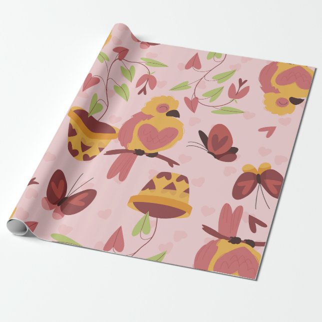 bird heart love butterflies romance valentines wrapping paper (Unrolled)