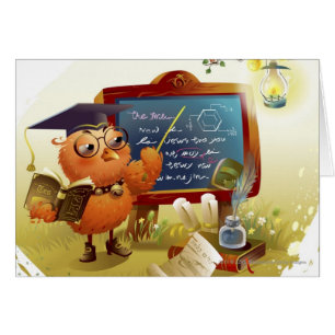 Bird holding a book and teaching at a blackboard