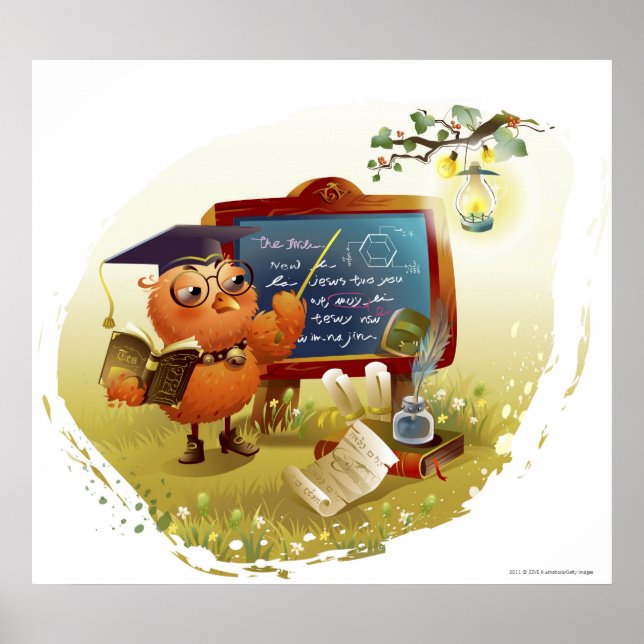Bird holding a book and teaching at a blackboard poster (Front)