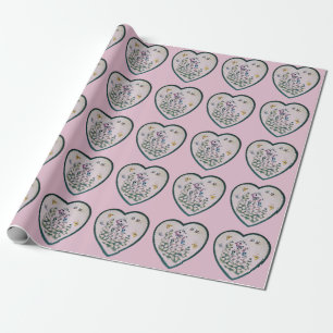 Bird House Flower Garden on a Heart Wrapping Paper