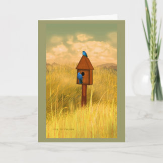 Bird house in country 2 bluebirds painting card