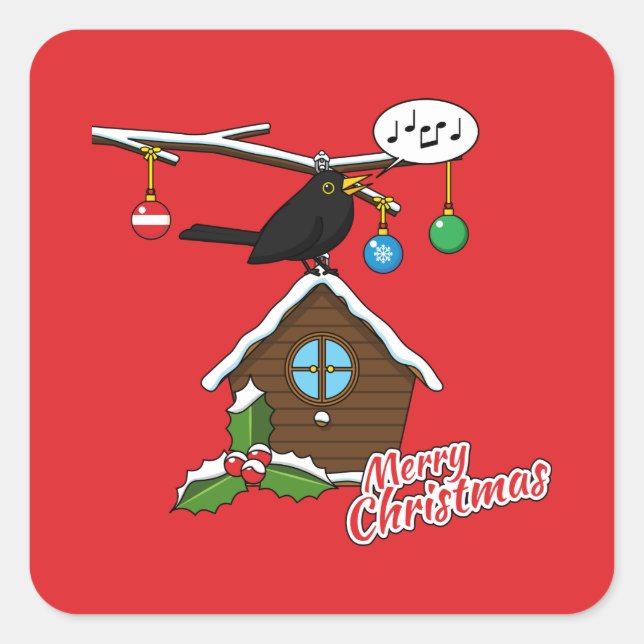 Bird House Merry Christmas Square Sticker (Front)