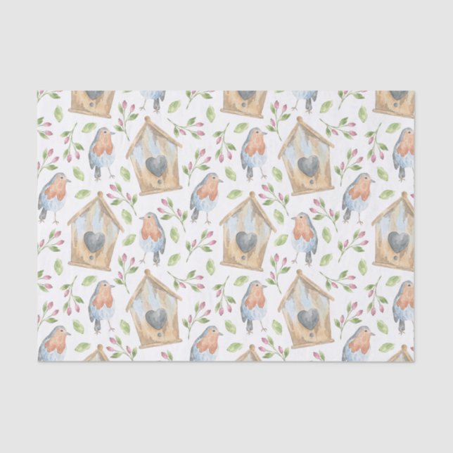 Bird house watercolor spring pattern tissue paper (Front)