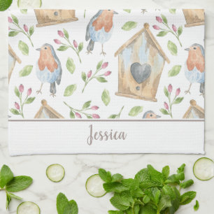 Bird house watercolor spring tea towel