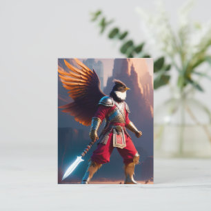 Bird humanoid with warrior gear and sword postcard
