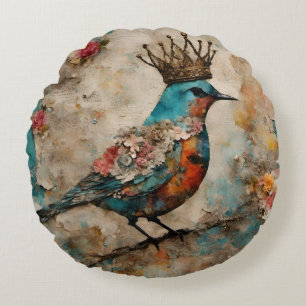 Bird in a Crown Mixed Media Collage Round Cushion