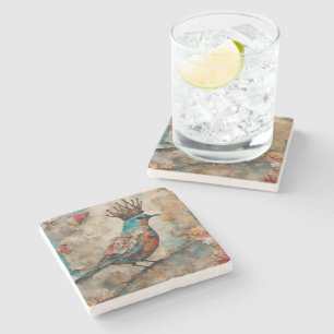 Bird in a Crown Mixed Media Collage Stone Coaster